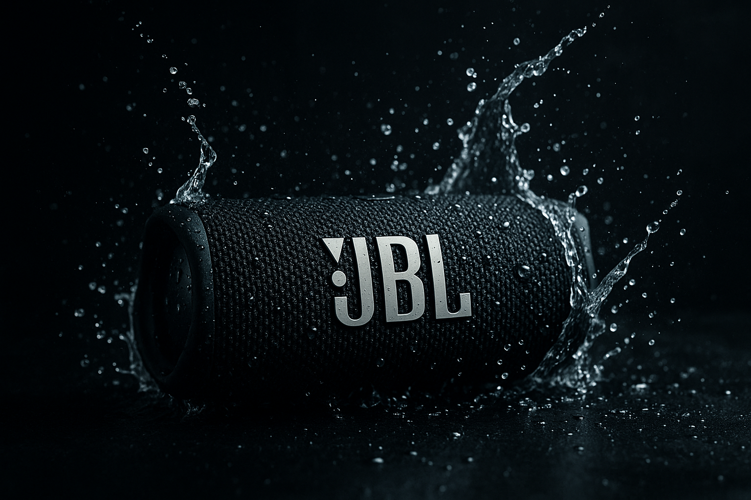 quiero que me crees una imagen de un parlente jbl portatil a bluetooth, con un fondo oscuro que resalte el parlante y que tenga agua