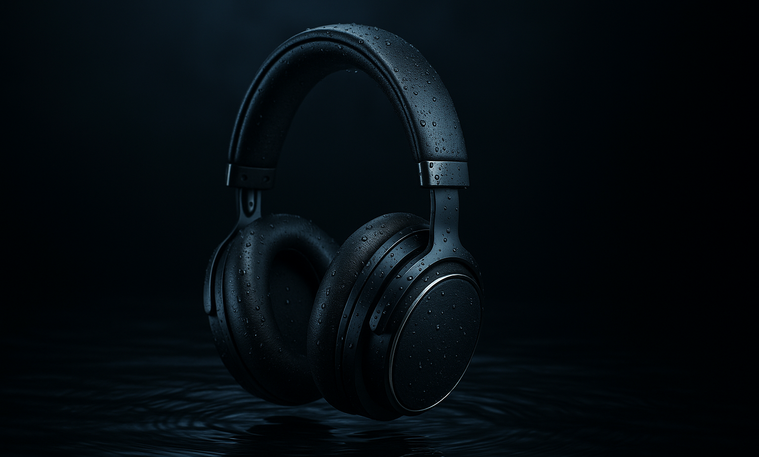 quiero que me crees unos auriculares, que de fondo se vea agua y un color oscuro , y que se vea lo mas profesional posible